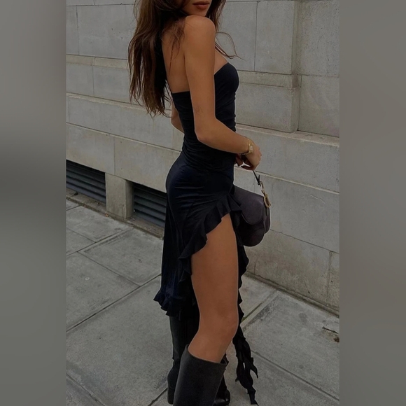 Sexy Y2K Black Stretch Maxi Date Dress Long Gown High Slit Ruffle Strapless LBD - Picture 6 of 14